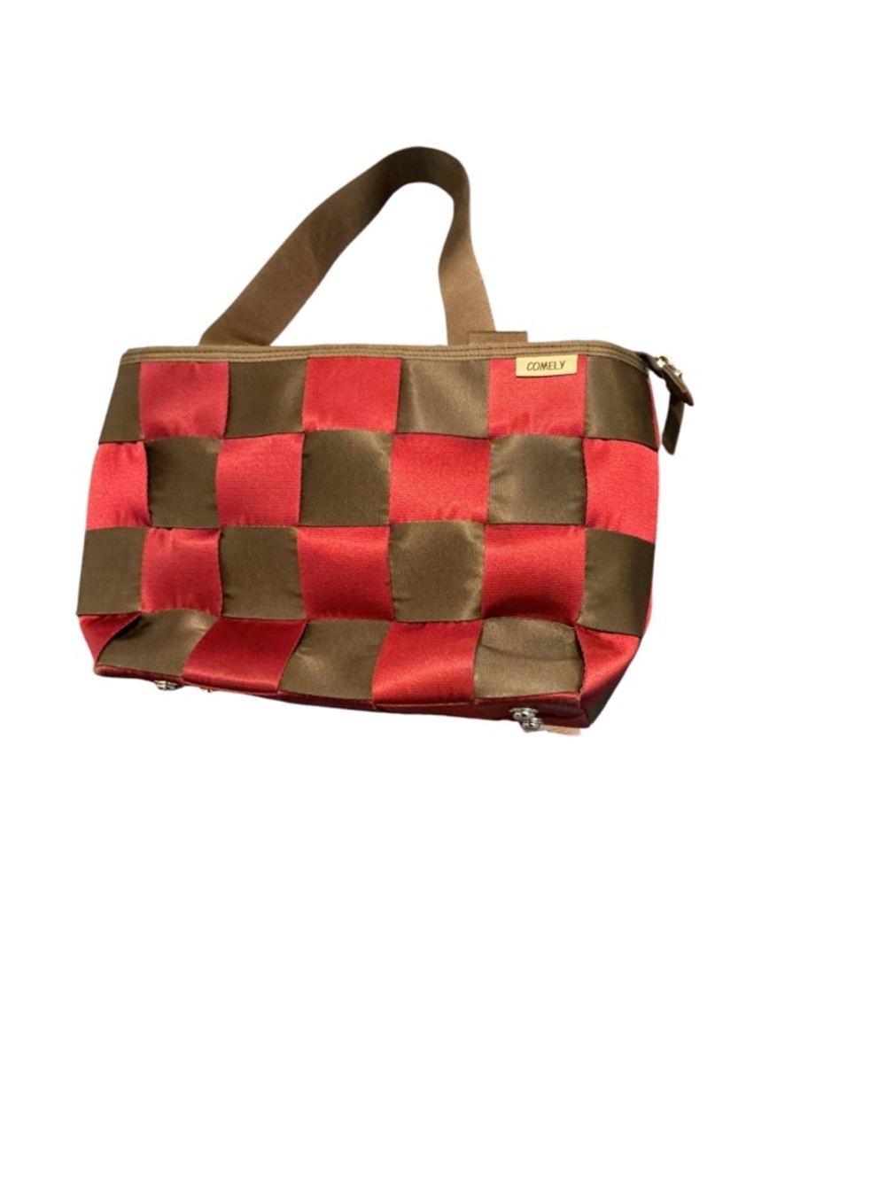 Comely Red and Brown Checker Satin Tote Bag